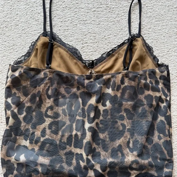 Forever 21 Leopard Animal Print Black Lace Trim V-Neck Cami Tank Top Camisole L - Picture 10 of 12
